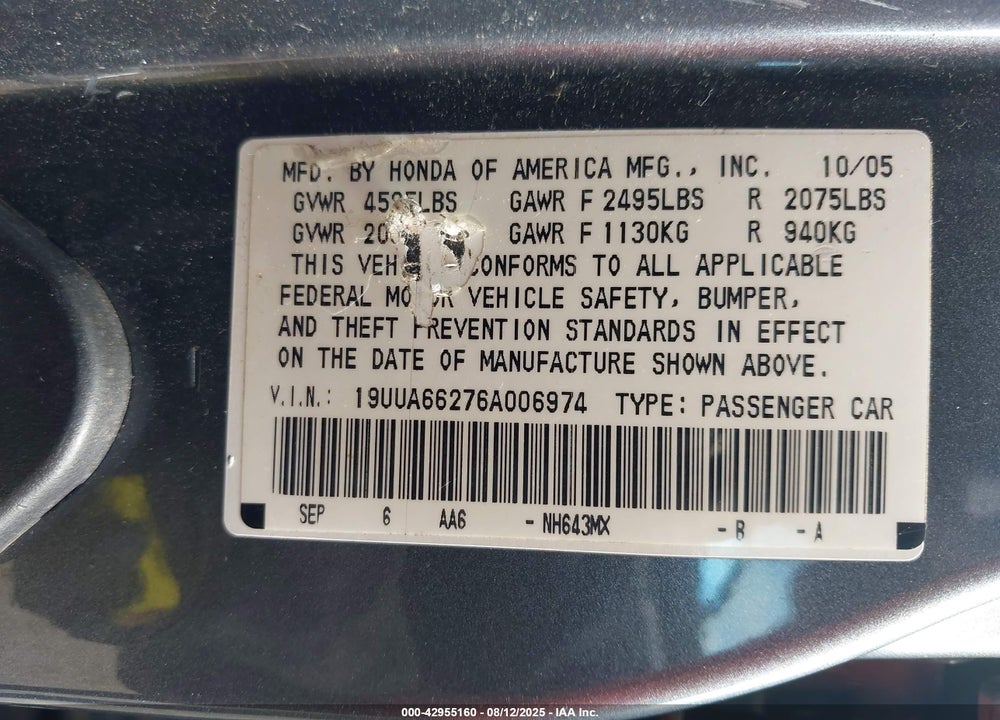 2006 ACURA TL VIN: 19UUA66276A006974