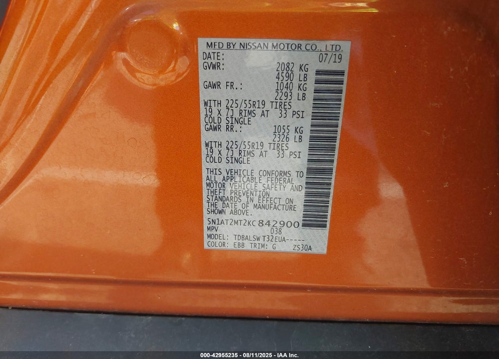 2019 NISSAN ROGUE VIN: 5N1AT2MT2KC842900