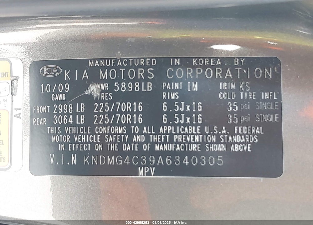2010 KIA SEDONA LX VIN: KNDMG4C39A6340305