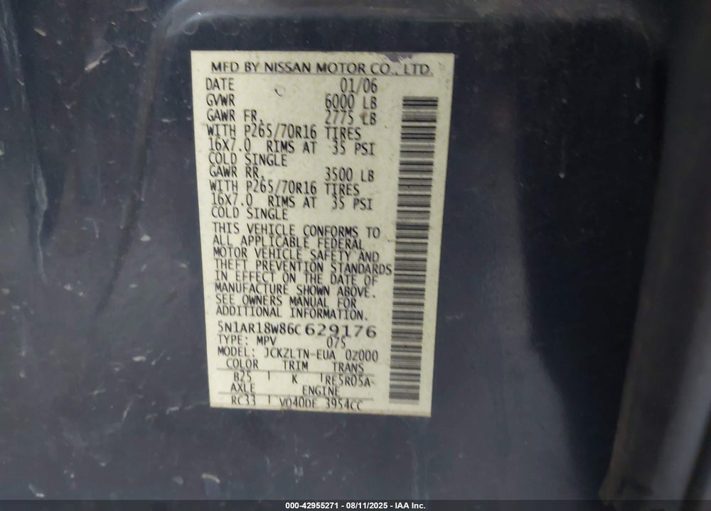 2006 NISSAN PATHFINDER SE VIN: 5N1AR18W86C629176