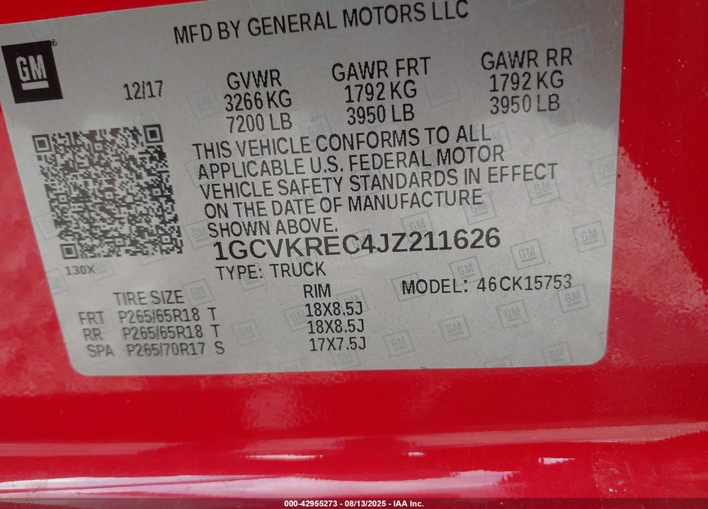 2018 CHEVROLET SILVERADO 1500 VIN: 1GCVKREC4JZ211626