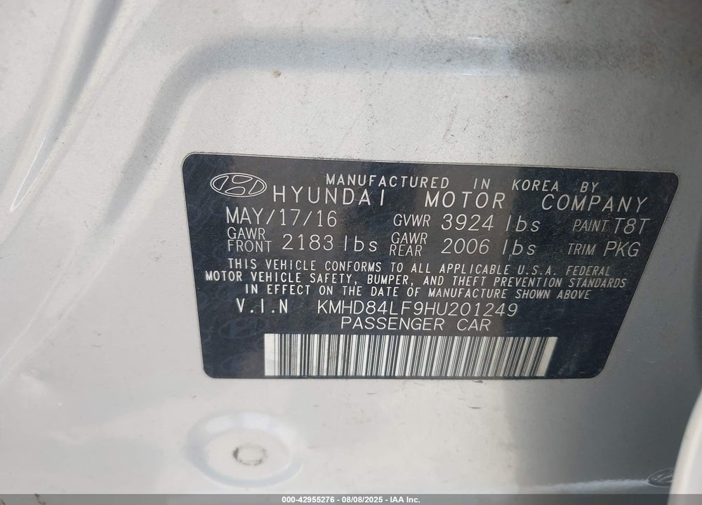 2017 HYUNDAI ELANTRA VIN: KMHD84LF9HU201249