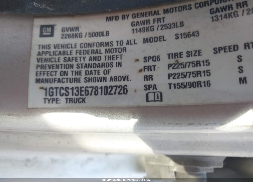 2007 GMC CANYON SLE1 VIN: 1GTCS13E678102726