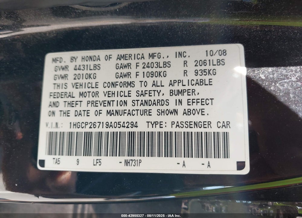 2009 HONDA ACCORD VIN: 1HGCP26719A054294