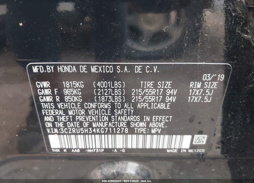 2019 HONDA HR-V LX VIN: 3CZRU5H34KG711278
