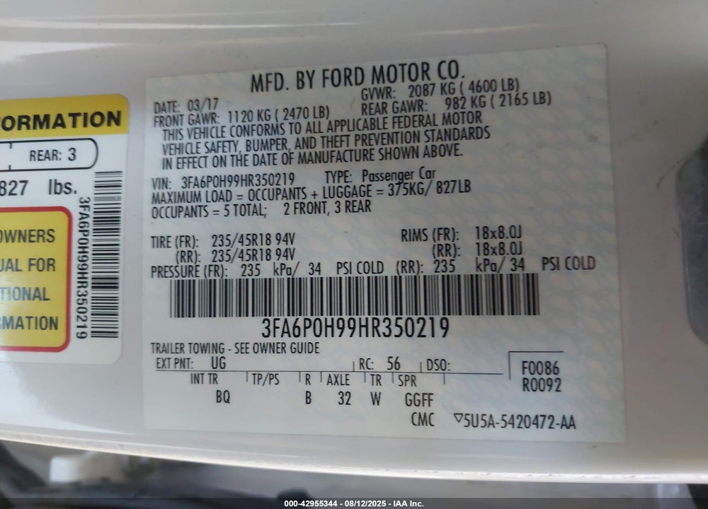 2017 FORD FUSION SE VIN: 3FA6P0H99HR350219