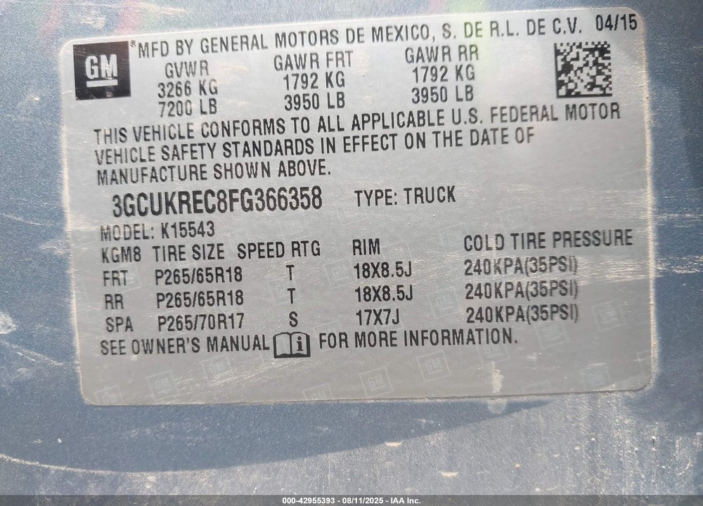 2015 CHEVROLET SILVERADO 1500 VIN: 3GCUKREC8FG366358
