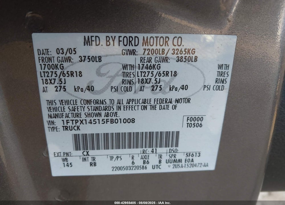 2005 FORD F-150 FX4/LARIAT/XL/XLT VIN: 1FTPX14515FB01008