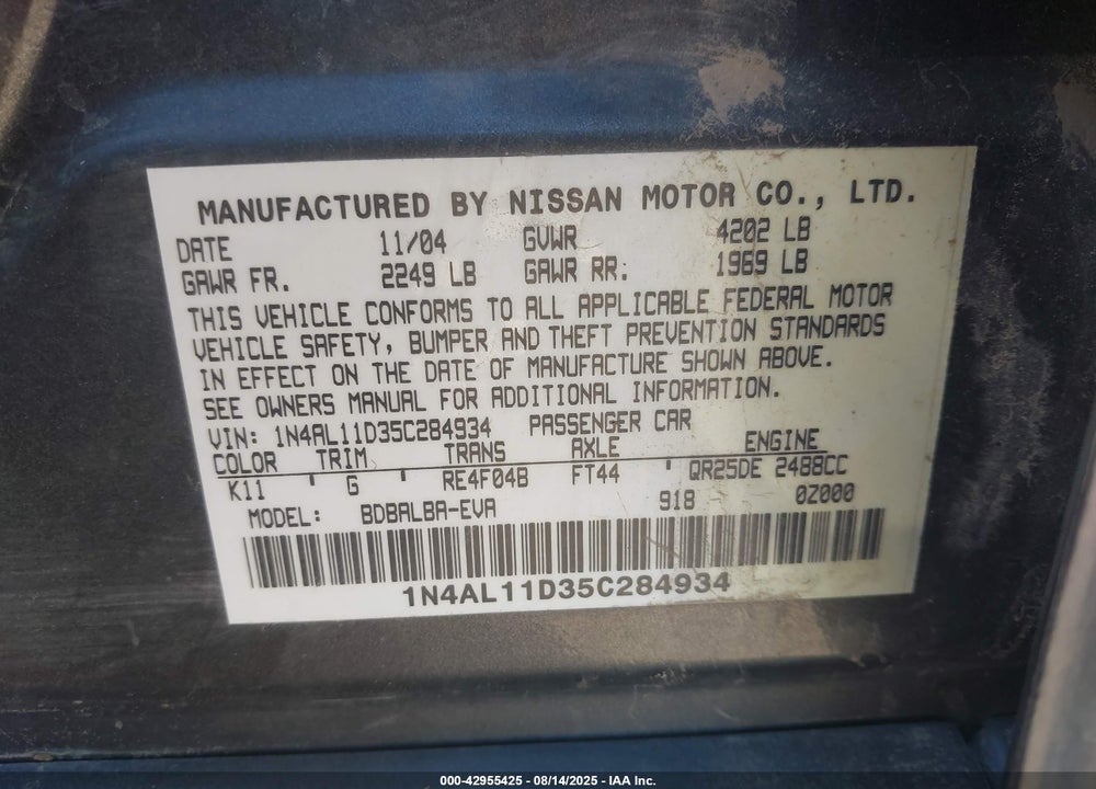 2005 NISSAN ALTIMA 2.5 S VIN: 1N4AL11D35C284934