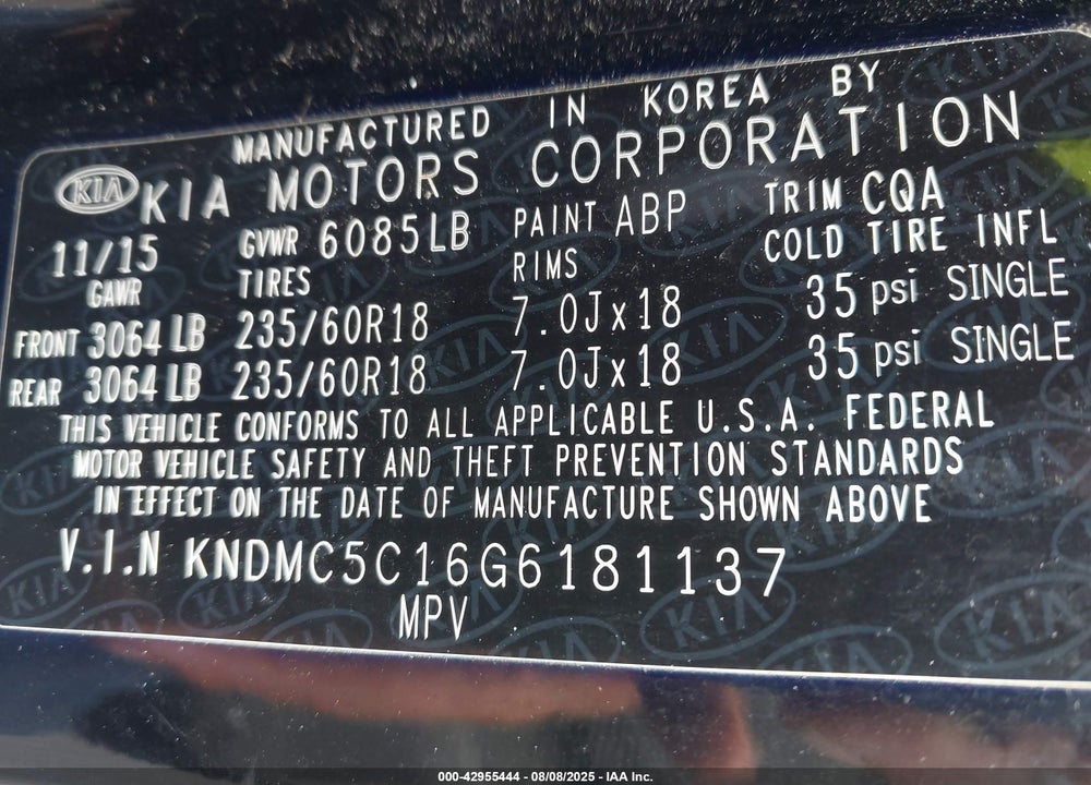 2016 KIA SEDONA EX VIN: KNDMC5C16G6181137