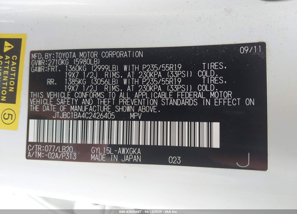 2012 LEXUS RX 450H VIN: JTJBC1BA4C2426405