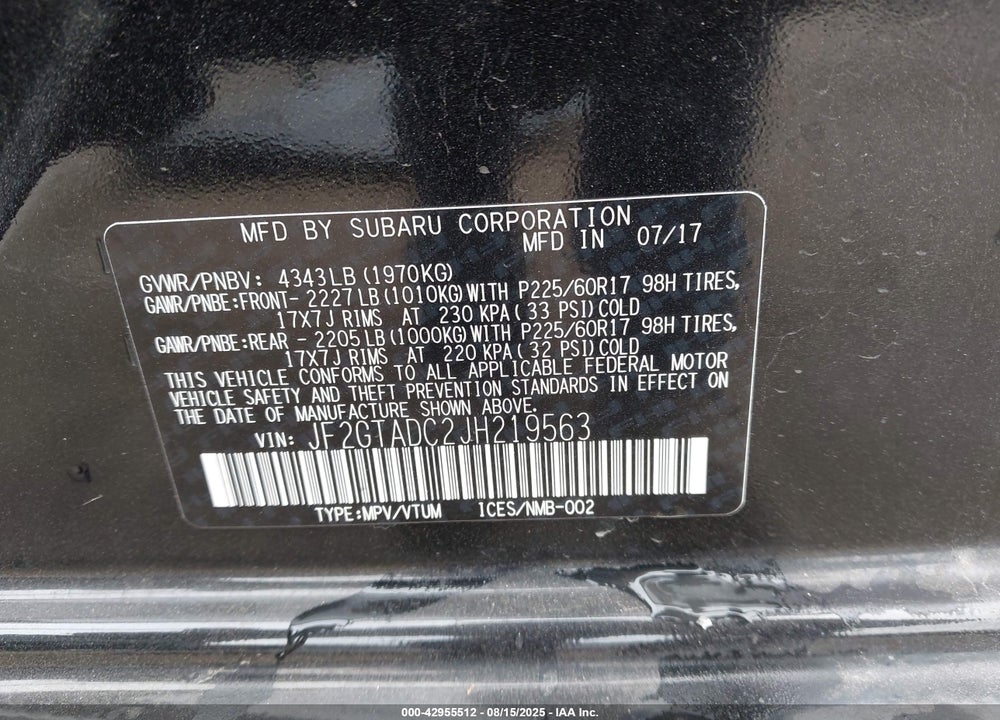 2018 SUBARU CROSSTREK VIN: JF2GTADC2JH219563