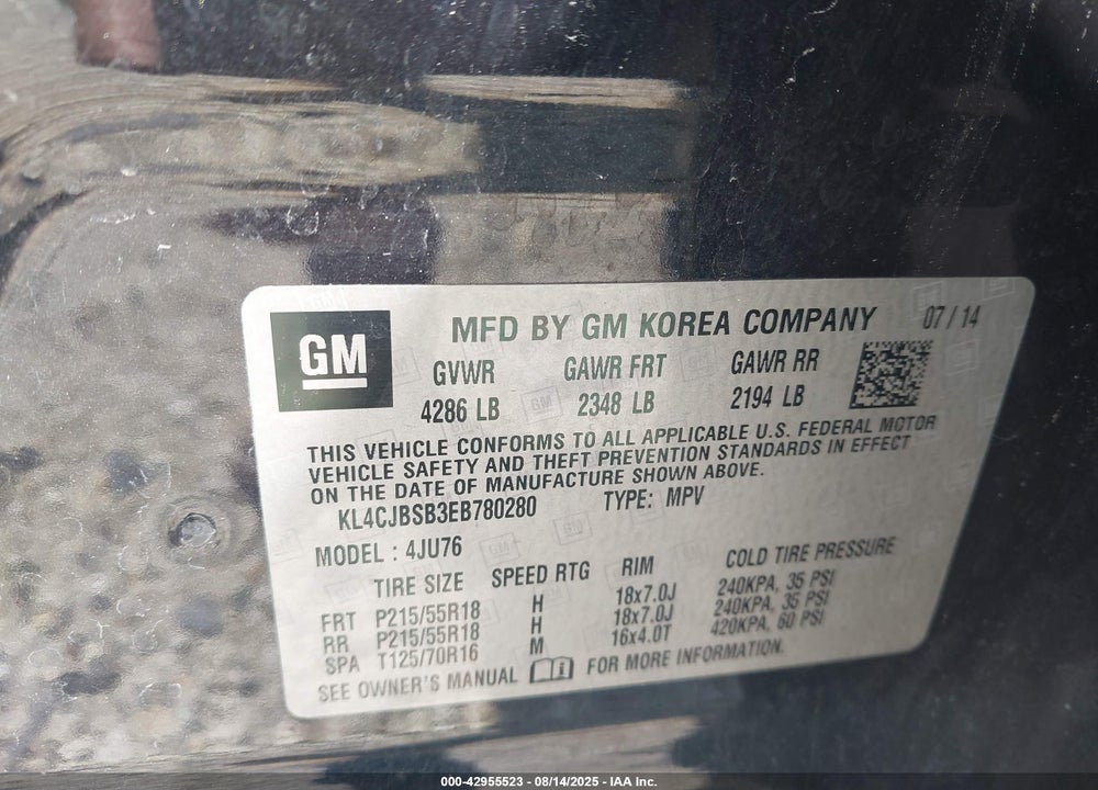 2014 BUICK ENCORE VIN: KL4CJBSB3EB780280