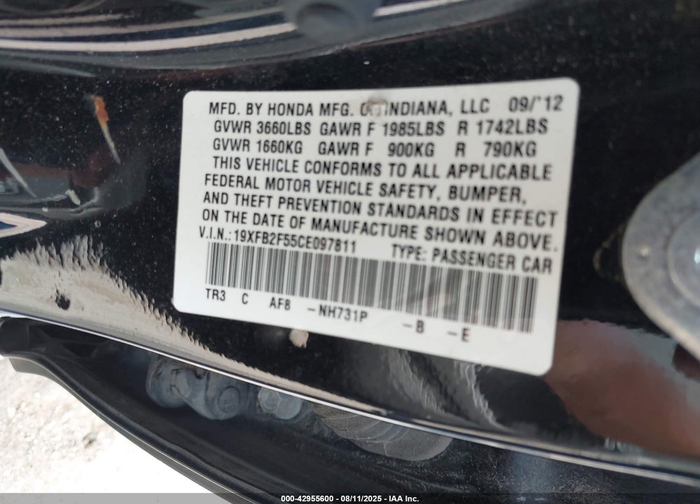 2012 HONDA CIVIC VIN: 19XFB2F55CE097811