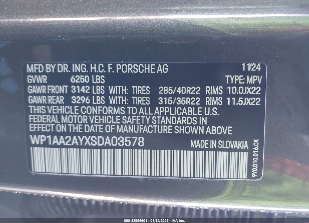 2025 PORSCHE CAYENNE VIN: WP1AA2AYXSDA03578