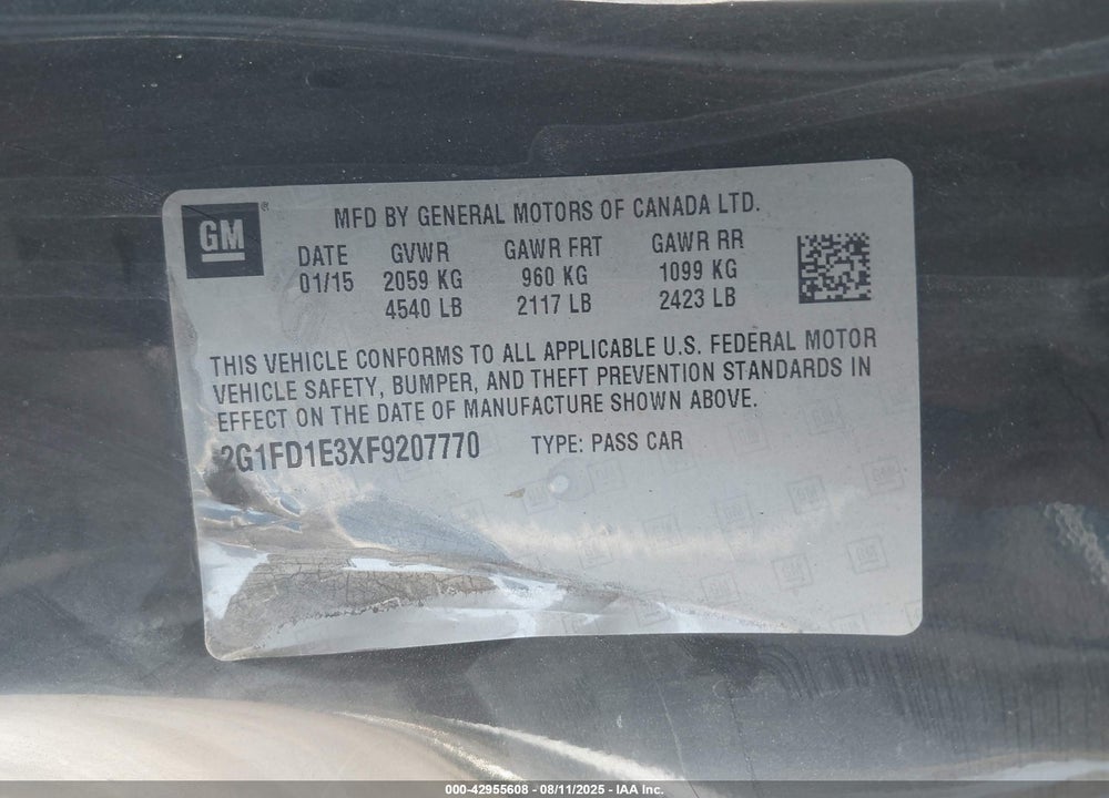 2015 CHEVROLET CAMARO VIN: 2G1FD1E3XF9207770