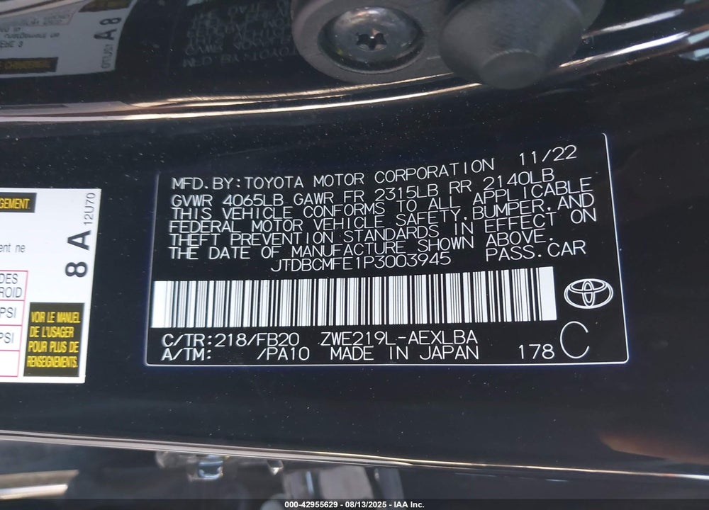 2023 TOYOTA COROLLA VIN: JTDBCMFE1P3003945