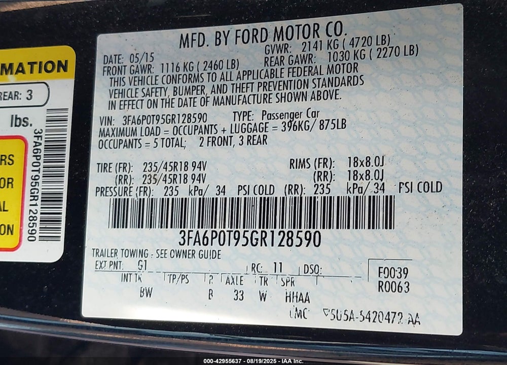 2016 FORD FUSION VIN: 3FA6P0T95GR128590