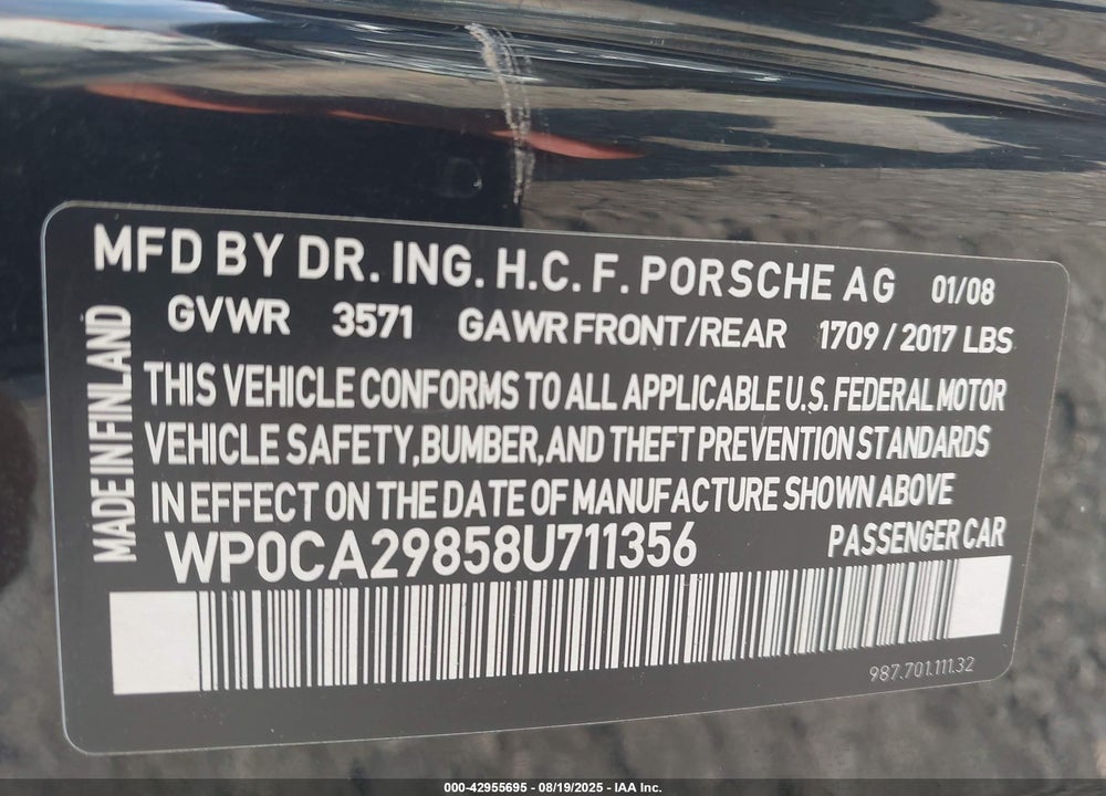 2008 PORSCHE BOXSTER VIN: WP0CA29858U711356