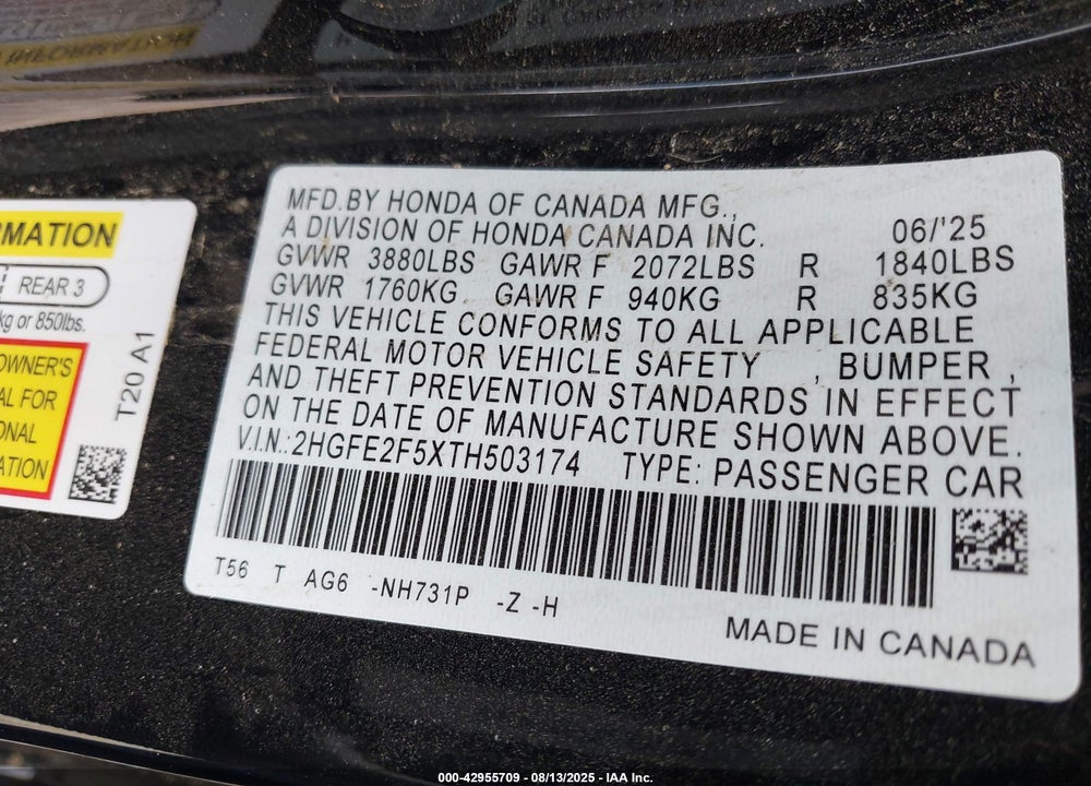 2026 HONDA CIVIC SPORT VIN: 2HGFE2F5XTH503174
