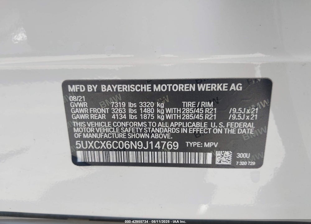 2022 BMW X7 VIN: 5UXCX6C06N9J14769