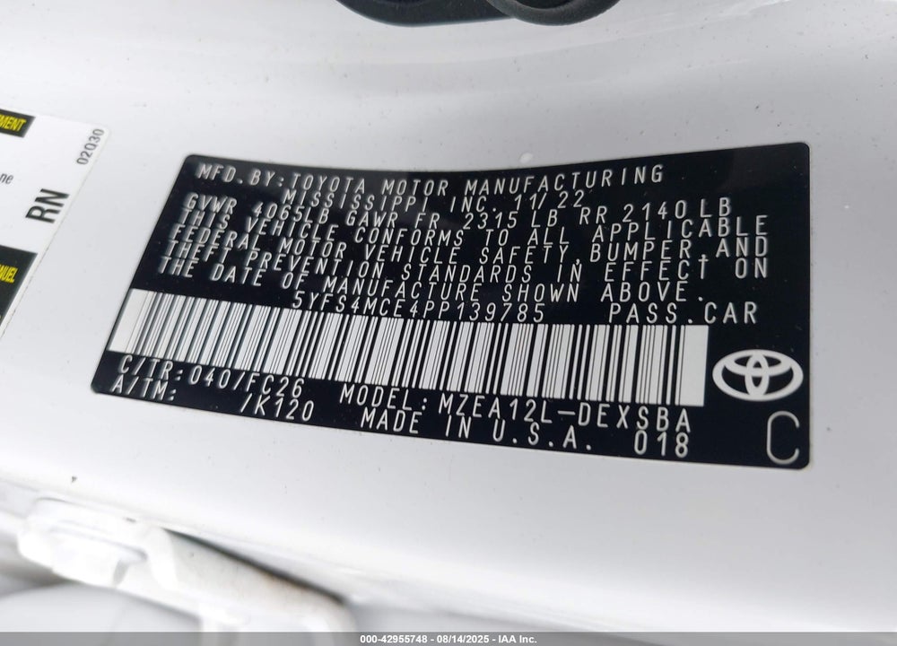 2023 TOYOTA COROLLA VIN: 5YFS4MCE4PP139785