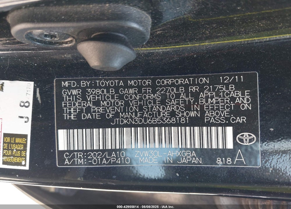 2011 TOYOTA PRIUS VIN: JTDKN3DU6B5368181