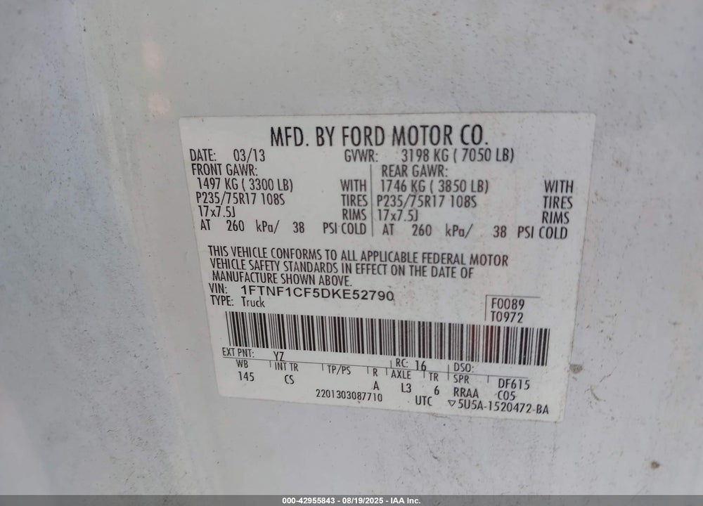 2013 FORD F-150 XL VIN: 1FTNF1CF5DKE52790