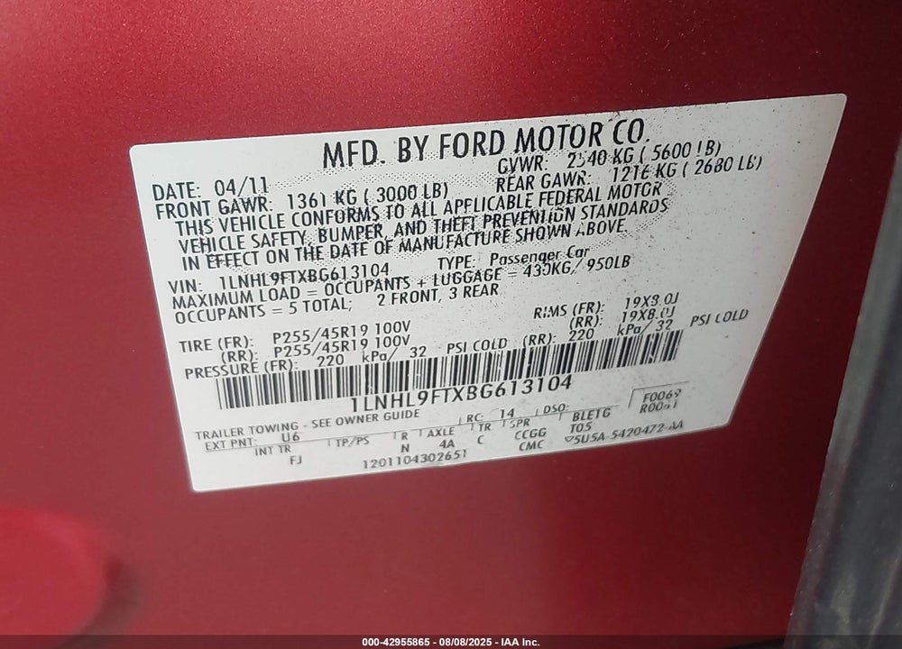 2011 LINCOLN MKS VIN: 1LNHL9FTXBG613104