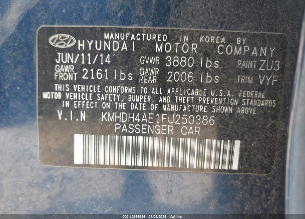 2015 HYUNDAI ELANTRA VIN: KMHDH4AE1FU250386