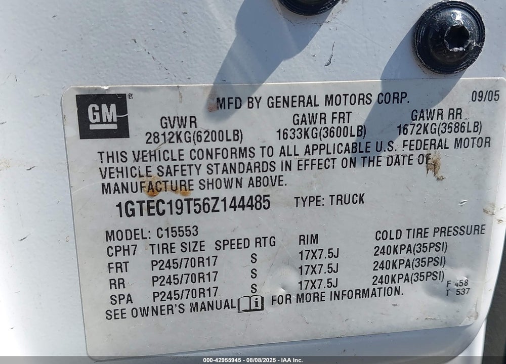 2006 GMC SIERRA 1500 SLE2 VIN: 1GTEC19T56Z144485