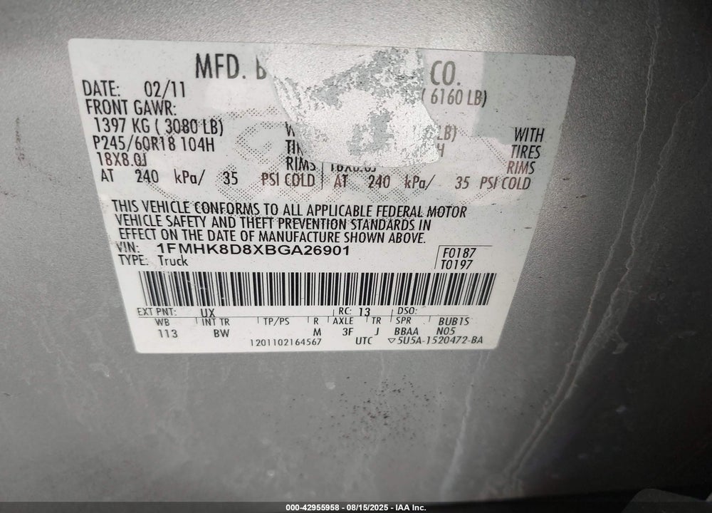 2011 FORD EXPLORER VIN: 1FMHK8D8XBGA26901