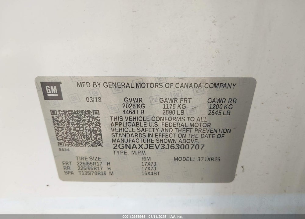 2018 CHEVROLET EQUINOX VIN: 2GNAXJEV3J6300707