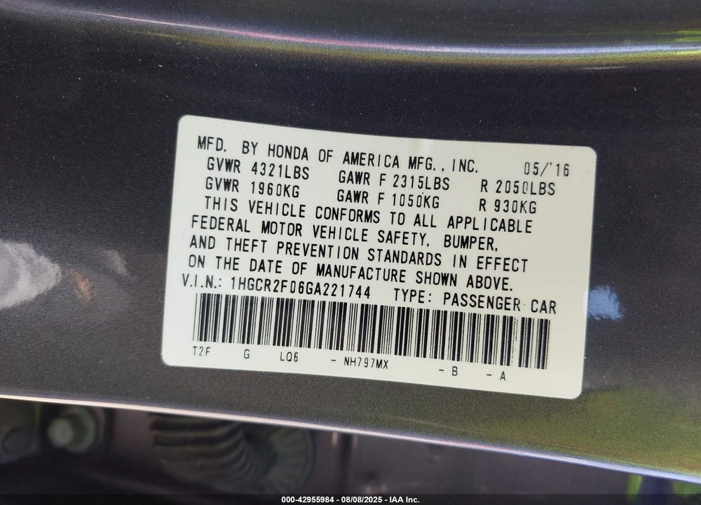 2016 HONDA ACCORD VIN: 1HGCR2F06GA221744