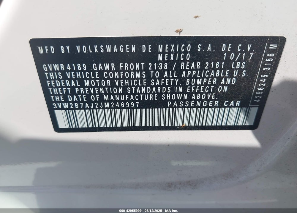 2018 VOLKSWAGEN JETTA VIN: 3VW2B7AJ2JM246997