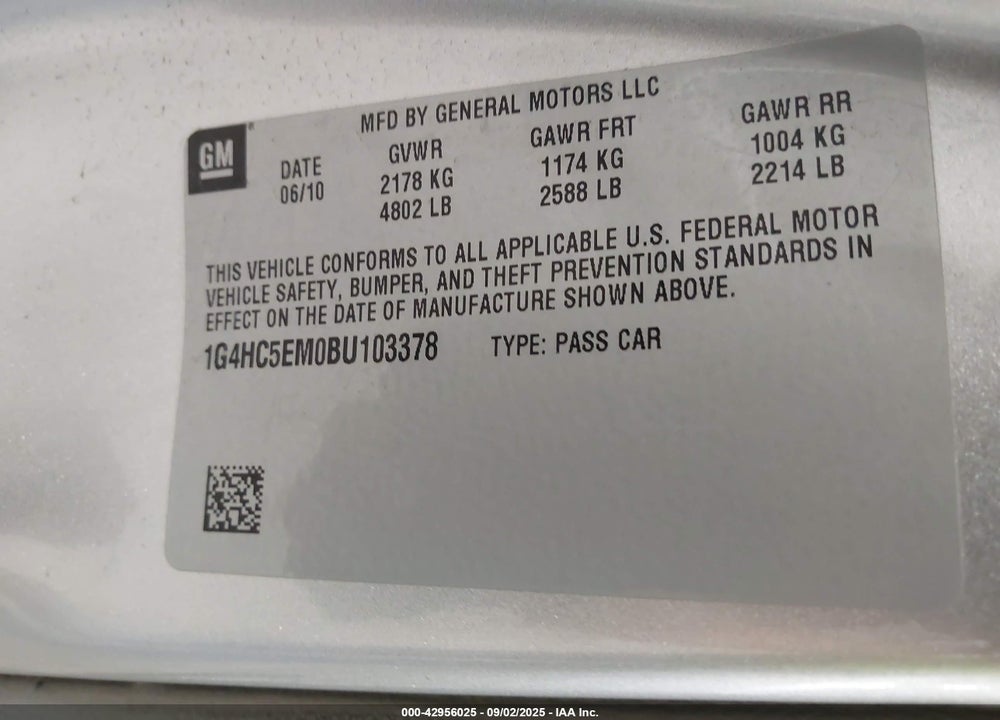 2011 BUICK LUCERNE VIN: 1G4HC5EM0BU103378