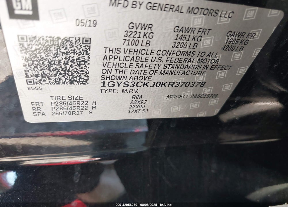 2019 CADILLAC ESCALADE VIN: 1GYS3CKJ0KR370378
