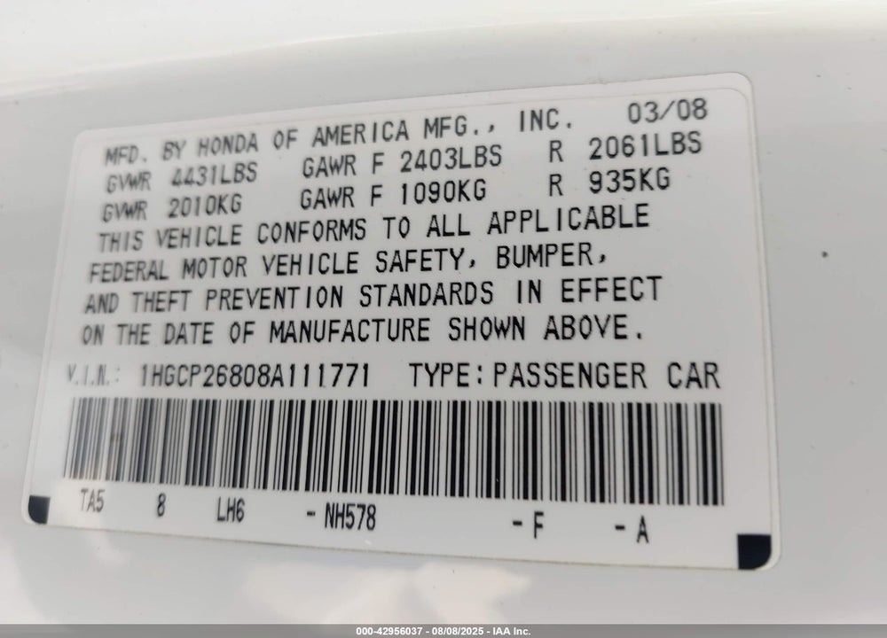 2008 HONDA ACCORD VIN: 1HGCP26808A111771