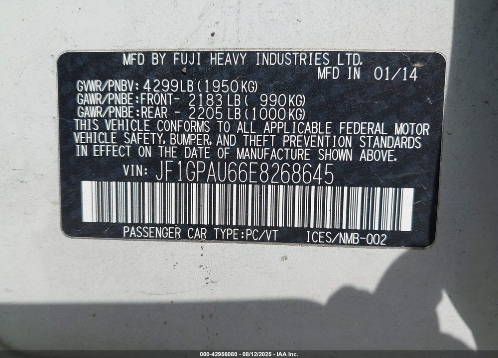 2014 SUBARU IMPREZA VIN: JF1GPAU66E8268645