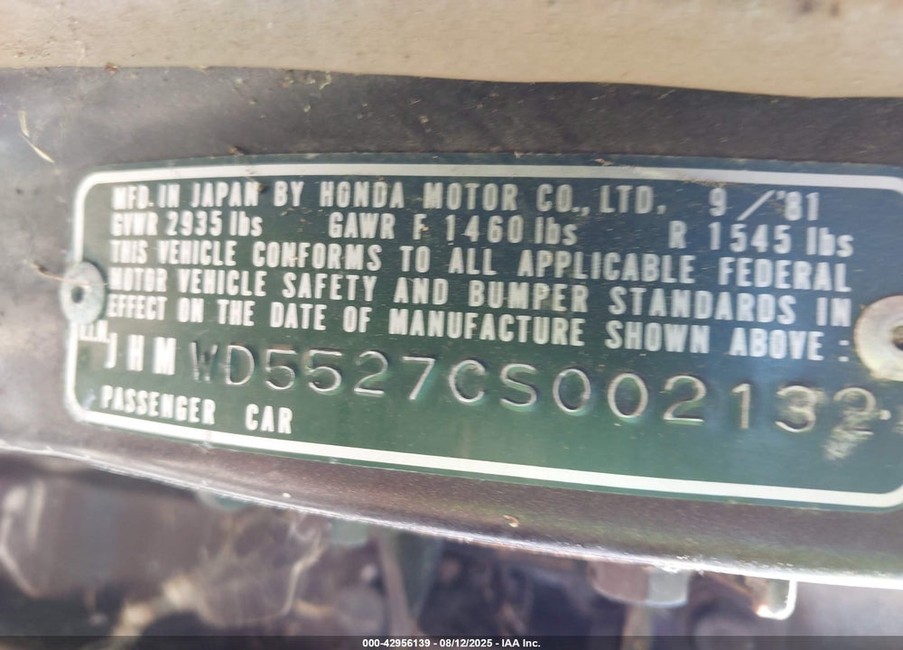 1982 HONDA CIVIC DELUXE VIN: JHMWD5527CS002132