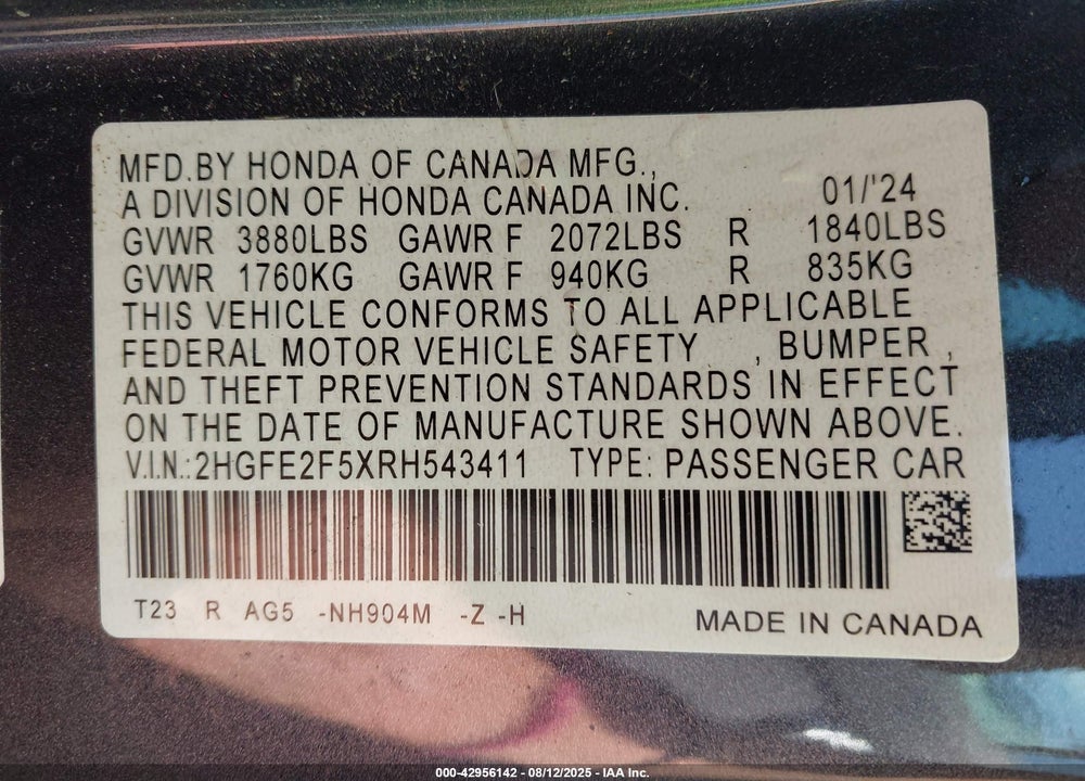 2024 HONDA CIVIC SPORT VIN: 2HGFE2F5XRH543411