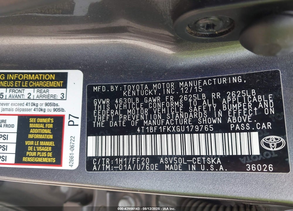2016 TOYOTA CAMRY VIN: 4T1BF1FKXGU179765
