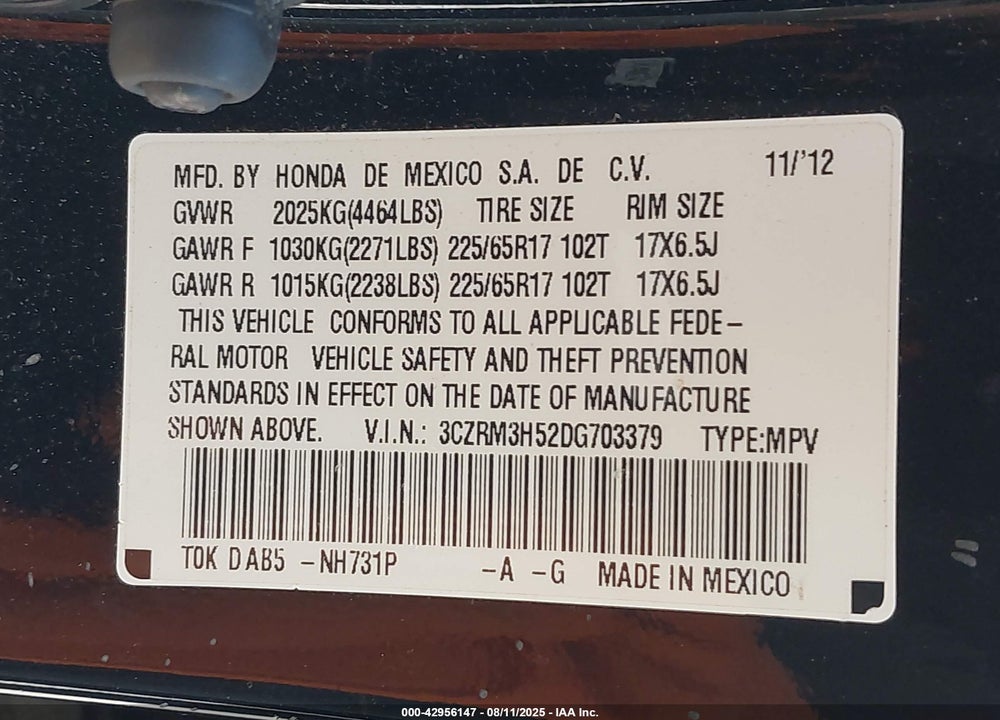 2013 HONDA CR-V VIN: 3CZRM3H52DG703379