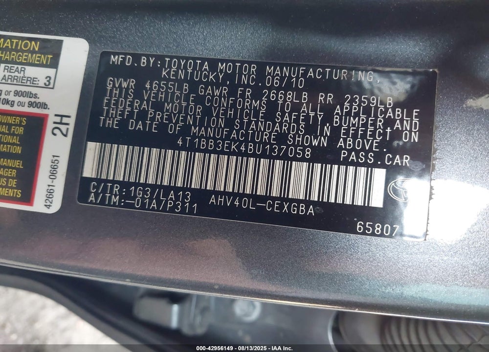 2011 TOYOTA CAMRY HYBRID VIN: 4T1BB3EK4BU137058