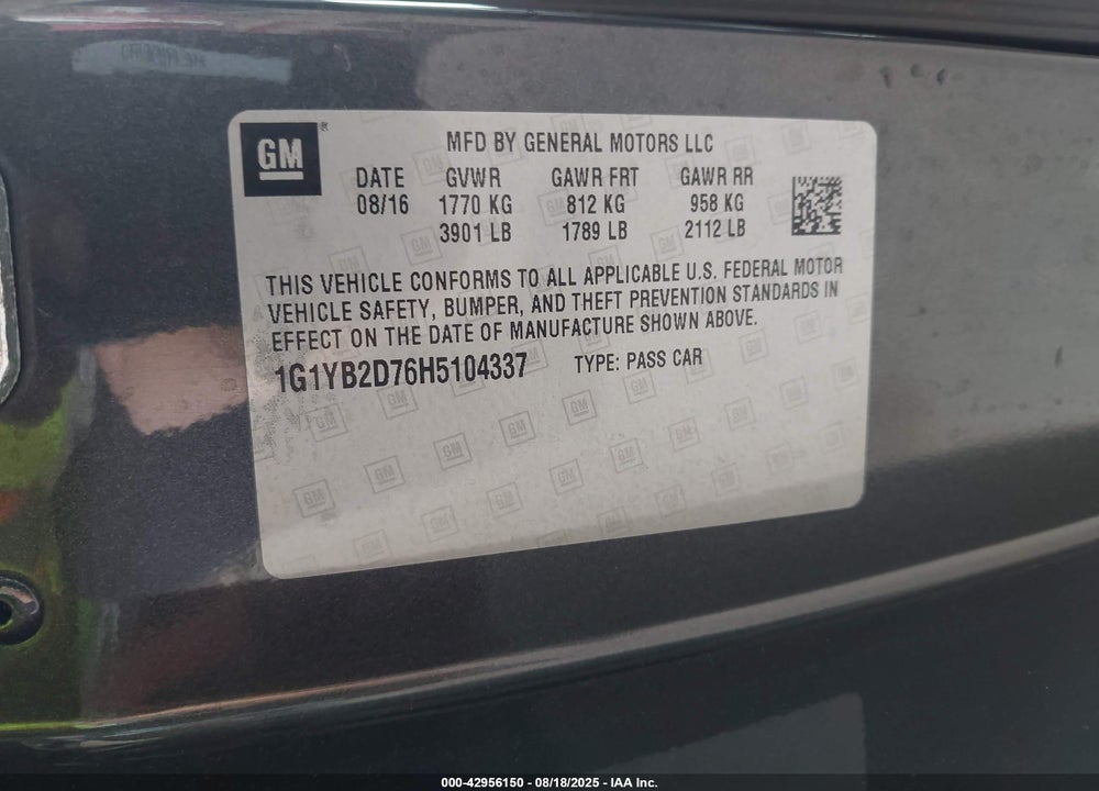 2017 CHEVROLET CORVETTE VIN: 1G1YB2D76H5104337