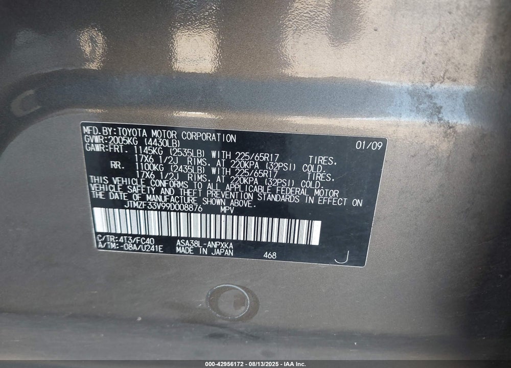 2009 TOYOTA RAV4 VIN: JTMZF33V99D008876