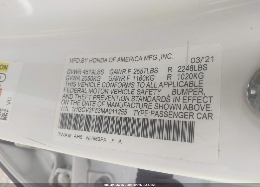 2021 HONDA ACCORD VIN: 1HGCV3F53MA011255