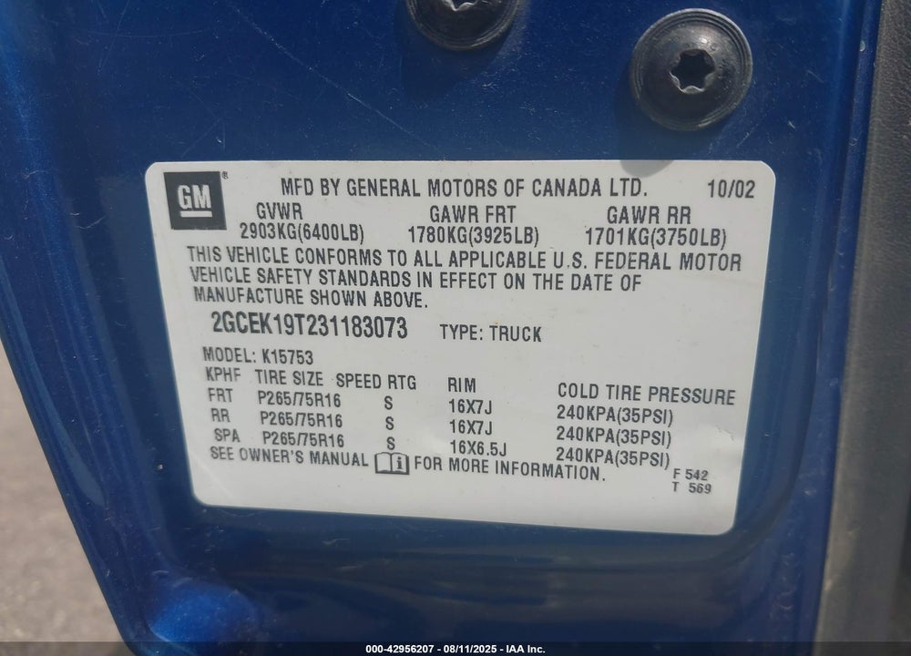 2003 CHEVROLET SILVERADO 1500 LT VIN: 2GCEK19T231183073
