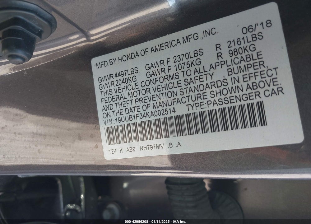 2019 ACURA TLX STANDARD VIN: 19UUB1F34KA002514
