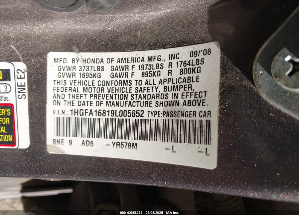 2009 HONDA CIVIC EX VIN: 1HGFA16819L005652